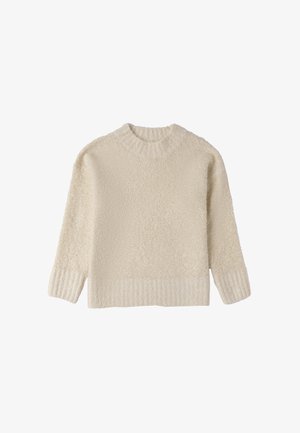 Maglione color crema realizzato in tessuto texturizzato, con scollatura rotonda e orlo a coste. Maniche lunghe con un aspetto morbido e lanuginoso.