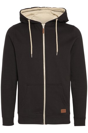 Czarna hoodie z zamkiem błyskawicznym, z beżowym wnętrzem. Posiada kaptur ze sznurkiem, przednie kieszenie oraz brązową skórzaną naszywkę z logo. Gładka tekstura.