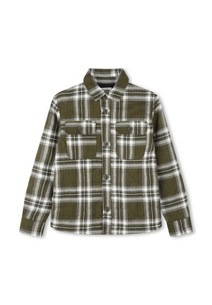 Chemise à carreaux verte et blanche à manches longues, avec deux poches avant, des boutons de fermeture et un col. Fabriquée en tissu texturé.