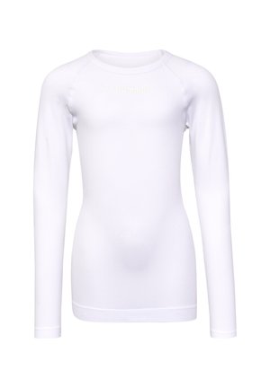 Langarm witte thermoshirt met een ronde hals, een aansluitend ontwerp en een textuurstof. Heeft een subtiel Hummel-logo in lichte kleur.