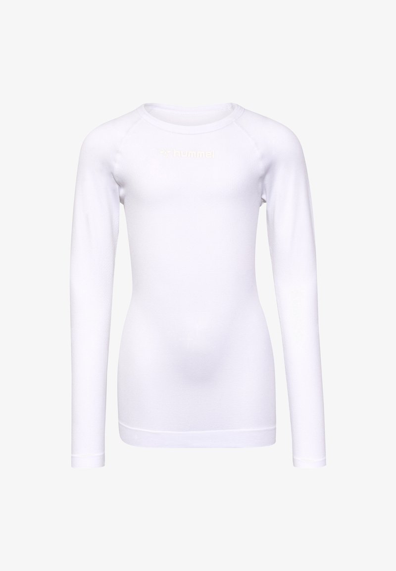 Langarm-weißes Thermoshirt mit rundem Halsausschnitt, taillierter Passform und strukturiertem Stoff. Verfügt über ein dezentes Hummel-Logo in heller Farbe.