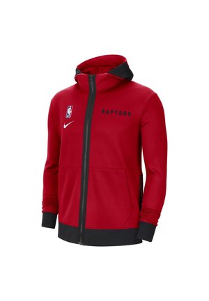 Sweat à capuche rouge zippé avec poignets et ourlet noirs, texte noir "Raptors", logo NBA et virgule blanche Nike sur le devant.