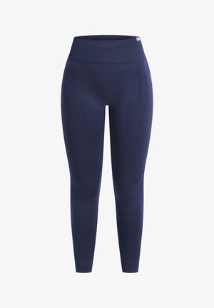 Donkerblauwe leggings met een hoge taille, een zachte textuur en subtiele details langs de naden. Rekbaar materiaal voor een comfortabele pasvorm.