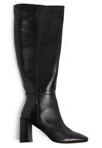 Black knee-high boot made of glossy leather, featuring a square heel, pointed toe, and a smooth, sleek surface with minimal seams.