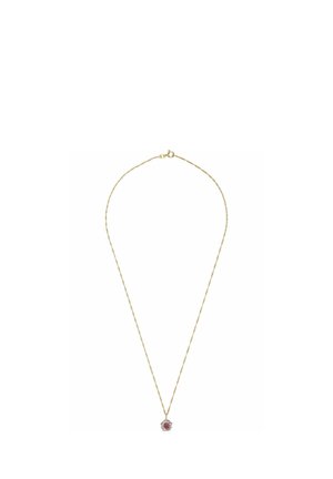 Delicate gold chain necklace with a small pink gemstone pendant set in a floral-shaped gold frame against a white background.
