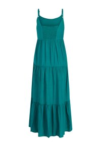 Teal sleeveless maxi dress with adjustable thin straps, shirred bodice, and tiered flowy skirt.