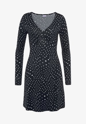 Schwarzes langärmeliges Kleid mit V-Ausschnitt, tailliertem Oberkörper und einem Streumuster aus weißen Punkten, hergestellt aus einem weichen, dehnbaren Material.