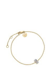 Gold chain bracelet featuring a double-loop design with one loop adorned with small sparkling crystals. Lobster clasp with tag.