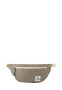 Borsa in vita in tessuto beige con texture, tasca frontale con zip, tirante della zip turchese e etichetta bianca con logo ad albero e testo "FAGUO".