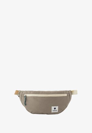 Beige textuur stof heuptas met een voorzak met rits, teal ritslip, en een wit label met boomlogo en de tekst "FAGUO".