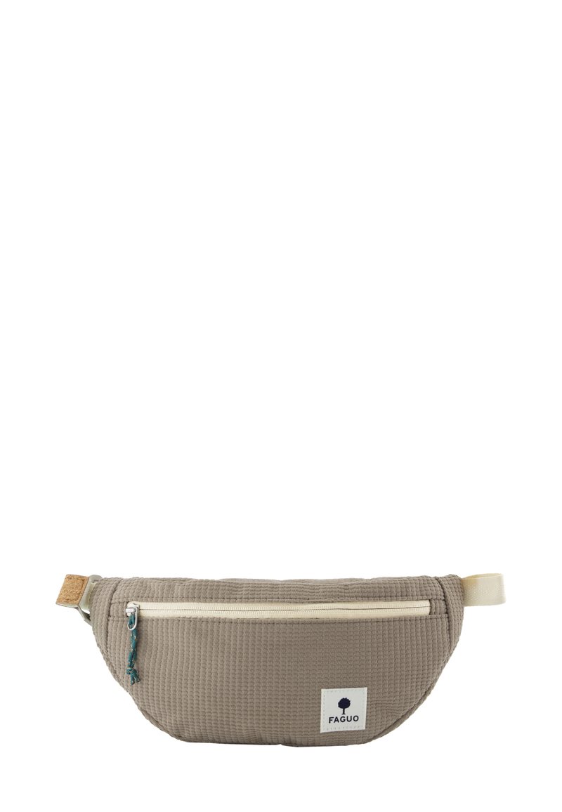 Borsa in vita in tessuto beige con texture, tasca frontale con zip, tirante della zip turchese e etichetta bianca con logo ad albero e testo "FAGUO".