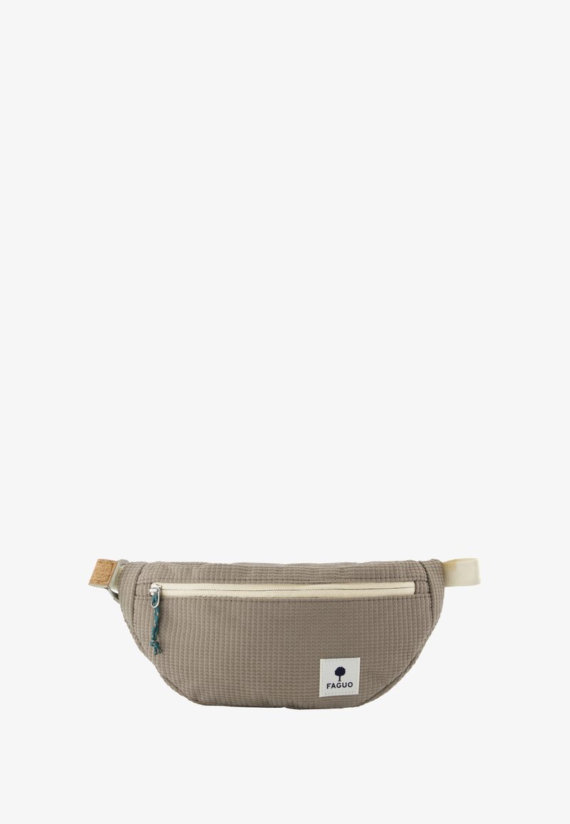 Borsa in vita in tessuto beige con texture, tasca frontale con zip, tirante della zip turchese e etichetta bianca con logo ad albero e testo "FAGUO".