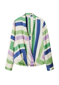 Blusa a maniche lunghe in satin leggero con motivi geometrici astratti in verde, blu e lavanda su fondo crema. Design con scollo a V.