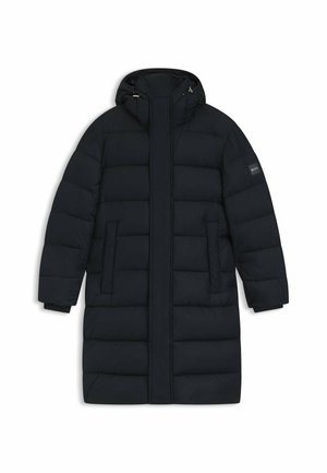 Schwarzer gepolsterter Mantel mit Kapuze, ausgestattet mit einem Reißverschluss, seitlichen Taschen und einem Logo-Patch am Ärmel. Glattes, wasserabweisendes Material.