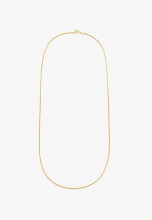 Kettenhalskette in Goldton, mit einem glatten, schlanken Design, das eine gedrehte Textur und einen Verschluss aufweist. Die Länge ist an verschiedene Stilrichtungen anpassbar.