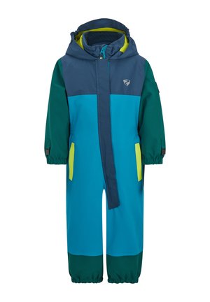 Tutina da neve impermeabile per bambini in blu e verdi, con cappuccio, chiusura con zip, polsini elastici e accenti gialli a contrasto sulle tasche.