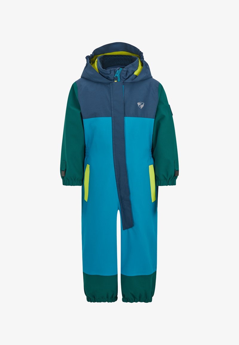 Combinaison de neige imperméable pour enfant, dans des nuances de bleu et de vert, avec une capuche, une fermeture éclair, des poignets élastiques et des accents jaunes contrastants sur les poches.
