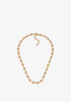 Goldkettchen mit ovalen Gliedern und Karabinerverschluss, ausgestattet mit einer verstellbaren Verlängerungskette für vielseitigen Einsatz.