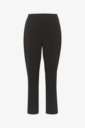 Pantalons noirs, longueur cheville, avec une taille élastique ; tissu lisse ; coupe slim ; sans poches ; détails de couture sur les côtés.