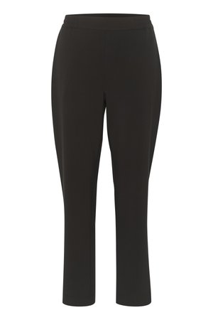 Schwarze, dehnbare Hosen mit einem elastischen Bund, schmal zulaufenden Beinen und einer glatten Textur. Entworfen für Komfort und Vielseitigkeit in der Passform.