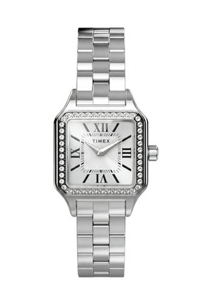Ασημένιο μεταλλικό ρολόι χειρός Timex με τετράγωνο καντράν, ρωμαϊκούς αριθμούς, στεφάνη διακοσμημένη με κρύσταλλα και μπρασελέ με κρίκους.