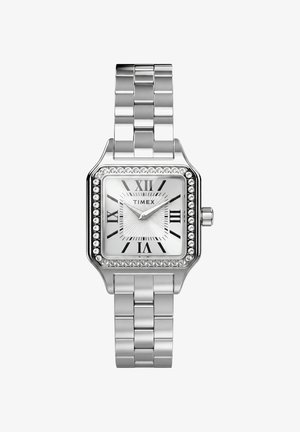Montre-bracelet Timex en métal argenté avec un cadran carré, des chiffres romains, une lunette ornée de cristaux et un bracelet à maillons.