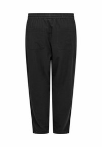 Pantalons noirs, légers, avec une coupe décontractée. Dotés d'une taille élastique et de deux poches arrière. Texture lisse sans motifs visibles.