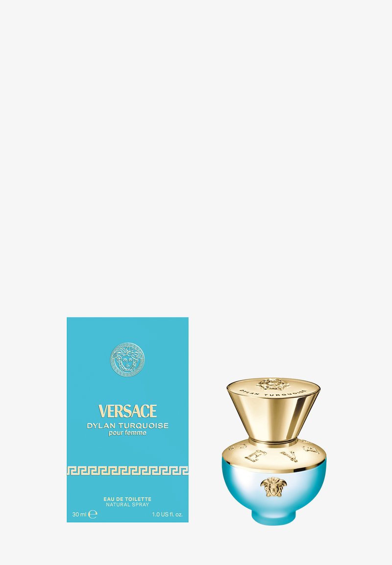 Parfum Versace Dylan Turquoise, 30 ml. Doté d'un bouchon texturé doré avec des accents de lion, d'un flacon turquoise et d'une boîte bleue ornée d'un motif clé grecque.