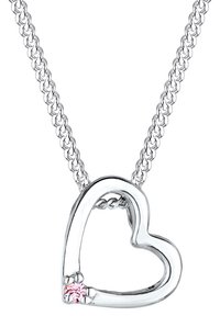 Silver heart-shaped necklace with a polished finish, featuring a small pink gemstone accent. The chain is woven in a twisted design.