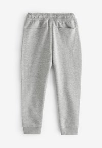 Šedé tepláky s měkkou texturou, opatřené elastickým pasem, žebrovanými manžetami a dvěma zadními kapsami, zobrazené zezadu.