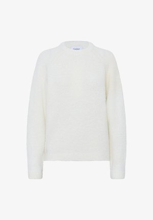 Bílý, nadýchaný svetr s kulatým výstřihem, dlouhými raglánovými rukávy a texturovaným povrchem. Jednoduchý design, bez viditelných ozdob nebo vzorů.