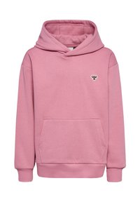 Rosa huva sweatshirt gjord av mjukt material, med en framficka och en broderad logotyp på bröstet. Långa ärmar.