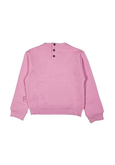 Felpa rosa con maniche lunghe. Presenta un colletto rotondo, polsini a coste e chiusura a tre bottoni sul retro. Piccolo etichetta del marchio sulla manica.