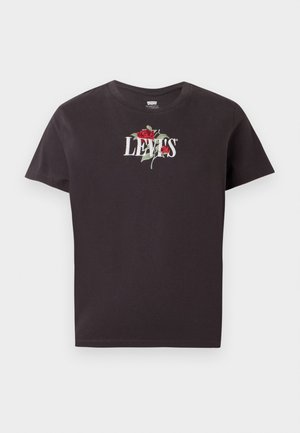 Zwarte katoenen t-shirt met witte geborduurde "LEVI'S" tekst en een ontwerp van een rode roos met groene bladeren. Korte mouwen, ronde hals.