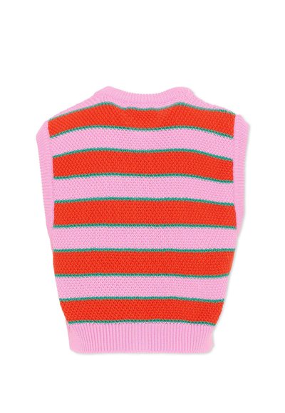 Gilet sans manches en tricot avec de larges rayures horizontales orange et rose, soulignées par de fines lignes vertes, col et ourlet côtelés.