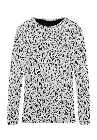 Langärmliges schwarzes Oberteil mit einem weißen Blättermuster aus Strick, rundem Halsausschnitt und strukturiertem Stoff.
