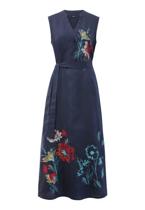 Varrukateta tumepunane midi-kleit V-kaelusega, külgeõmmeldud vööga ning mitmevärvilise lillemustriga tikandiga rinnal ja äärel.