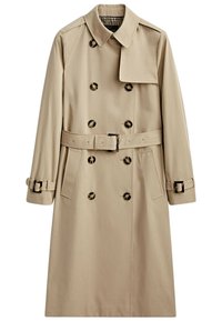 Trench-coat beige à double boutonnage avec ceinture, boutons en écaille de tortue, rabat sur l'épaule et sangles à boucle aux poignets.