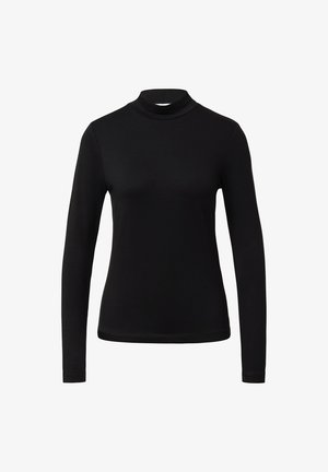 Zwart langemouwen turtleneck top gemaakt van een gladde, rekbare stof. Heeft een aansluitende pasvorm en een hoge halslijn. Geen patronen of accenten.