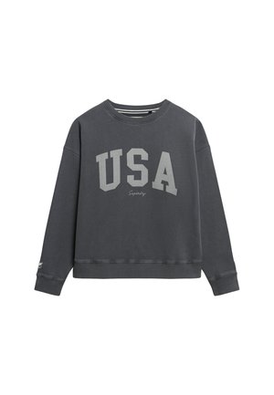 Grijze sweatshirt met "USA" in grote grijze letters; heeft een ronde hals, lange mouwen en ribgebreide manchetten en onderrand.