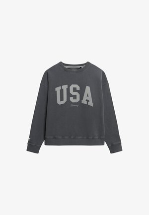Grå sweatshirt med "USA" trykt i store grå bogstaver; har rund halsudskæring, lange ærmer og ribbede manchetter og kant.