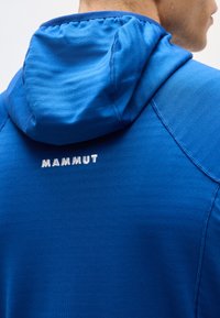 Πίσω όψη ατόμου που φορά φωτεινό μπλε φούτερ με κουκούλα, με κεντημένο το λογότυπο "MAMMUT" κάτω από την κουκούλα.