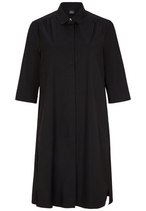 Black knee-length shirt dress with 3/4 sleeves, a pointed collar, and concealed front button placket.