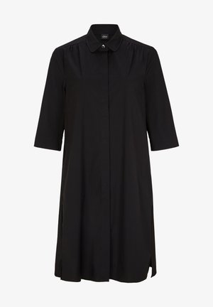 Schwarzes knielanges Hemdkleid mit 3/4-Ärmeln, spitzem Kragen und verdeckter Knopfleiste vorne.