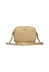 Borsa a tracolla beige realizzata in morbida ecopelle, forma rettangolare, tracolla regolabile e logo "REPLAY" in argento sulla parte anteriore.