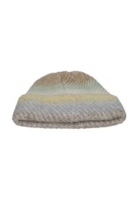 Knitted beanie in gradient colors of beige, cream, and pale green, with a textured, soft appearance and a folded cuff at the bottom.