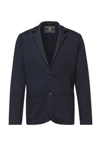 Herenblazer in marineblauw met twee verzonken voorzakken, sluiting met twee knopen en een kraag met inkeping.