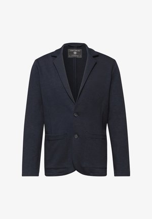 Pánské námořnicky modré sako s dvěma předními našitými kapsami, dvouknoflíkovým zapínáním a límcem s výstřihem na klopy.