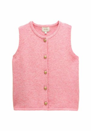 Pink knitted vest with a round neckline, sleeveless design, and five gold buttons down the front. Soft texture and casual style.