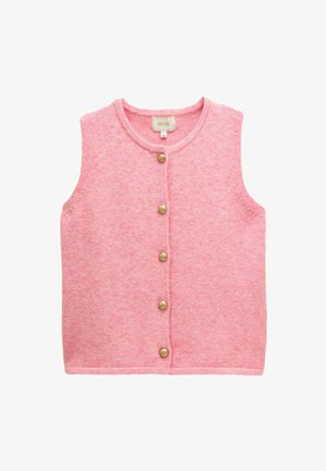 Pink knitted vest with a round neckline, sleeveless design, and five gold buttons down the front. Soft texture and casual style.